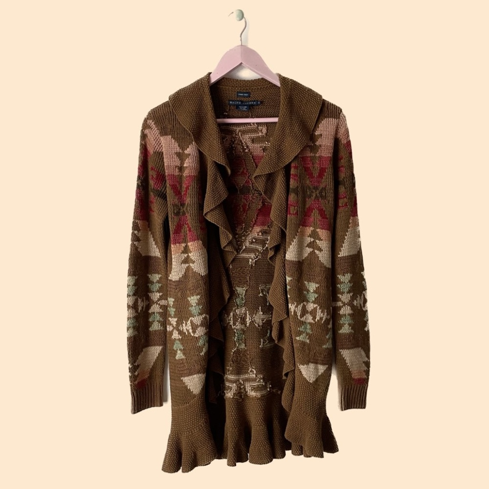 Ralph Lauren Brown Multicolor Aztec Ruffle Cardigan